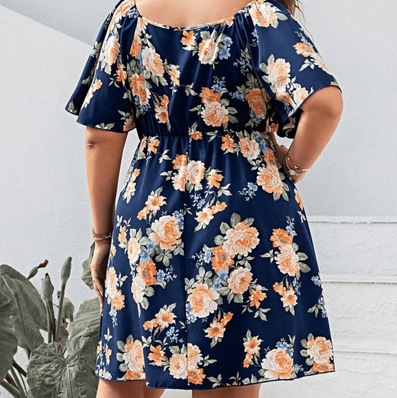Navy Floral Print Flutter Sleeve Mini Dress - Picture 5 of 5